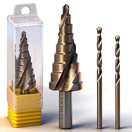 Step Drill Bit 4-20 mm, Taper Drill for Metal M35 HSS CO Step Drill with 9 Levels Peeling Drill for Stainless Steel, Mild Steel, NE Metal, Wood and Plastic with 2 Pieces Titanium Twist Drill