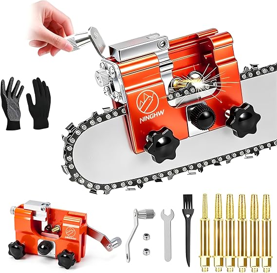 Chainsaw Sharpener Jig Portable Chain Saw Sharpener Tool with 6 Sharpening Heads Hand Crank Chainsaw Sharpening Kit with Gloves and Brush, Chainsaw Blade Sharpener Jig for 4"-22" Chain Saws