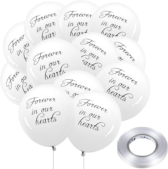 Gejoy 50 Pieces White Funeral Balloons 12 Inches Latex Balloons with 3 Rolls 32 Feet Ribbons for Memorial Day Condolence, Funeral, Anniversary, Memorial Services