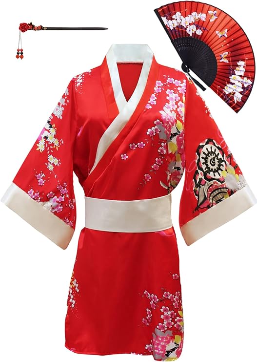 Kimonos for Women Japanese,Traditional Kimono Robe,Japanese Kimono for Women,Japanese Costume for Women,Japanese Traditional Kimono for Girls,Japanese Chopsticks for Hair,Hand Folding Fan