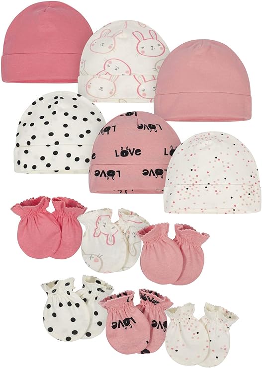 Onesies Brand Baby 12 Piece Cap and Mitten Set | Six cotton caps and six mitten pairs; fabric-wrapped elastic wristbands and soft cuffs for a gentle, secure fit.