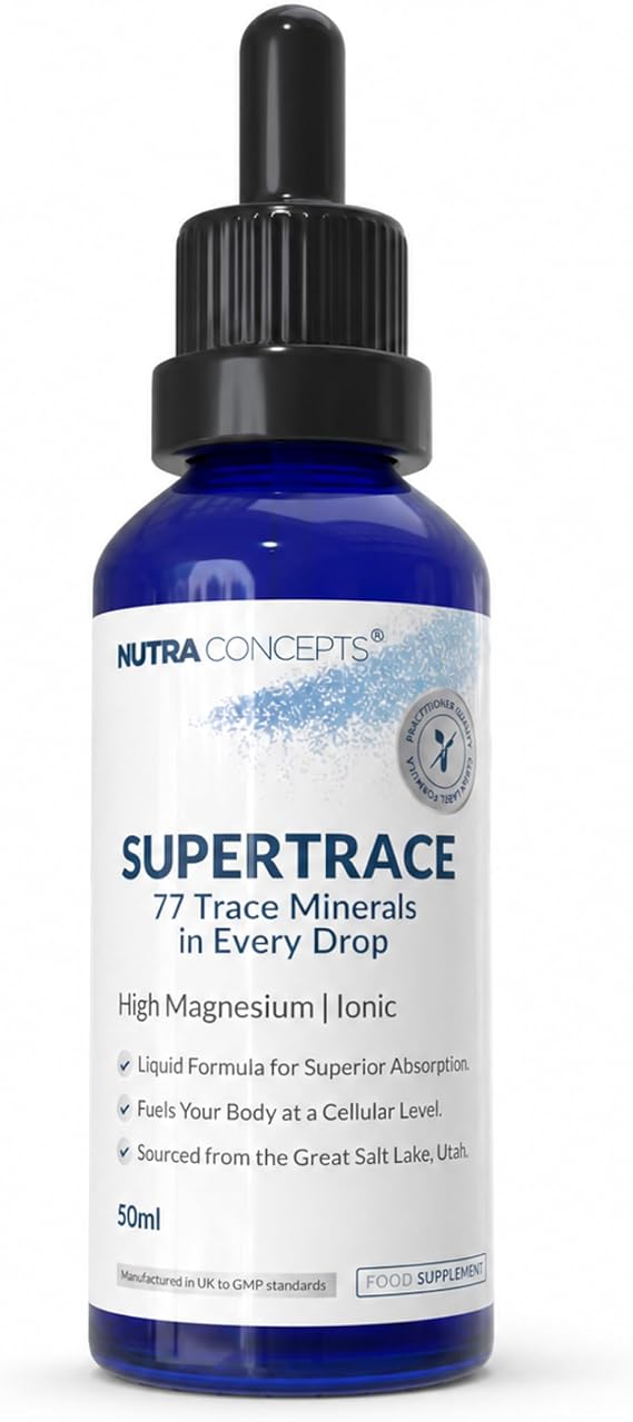 Supertrace – 77 Ionic Trace Minerals Liquid Drops – High Magnesium Low Sodium – Sourced from Great Salt Lake Utah – Body Weight Calibrated Dosing – Vegan – Made in UK – 50ml