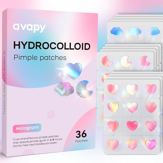 Pimple Patches for Face, Cute Hydrocolloid Acne Patches, Colorful Hologram Heart Sport Stickers, Zits & Blemish, Pimple Patch with Salicylic Acid, Blue Pink Heart Moon Cloud 12MM(36 Count)
