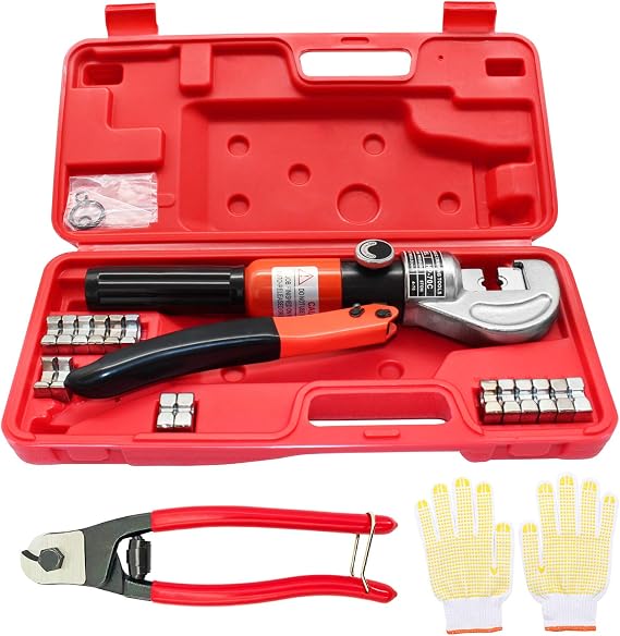 CKE Upgraded Hydraulic Crimping Tool/Hydraulic Crimper for 1/8" 5/32" 3/16" Stainless Steel Cable Railing Fittings Hardware, 10 Ton Stainless Steel Battery Cable Wire Crimping Tool with 11 Dies HC05