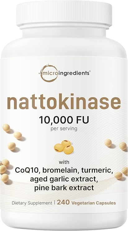 Micro Ingredients Nattokinase 10,000 FU Per Serving, 240 Veggie Capsules | Natural Natto Extract with CoQ10, Turmeric, Aged Garlic & Pine Bark Extract. Non-GMO, Gluten Free.