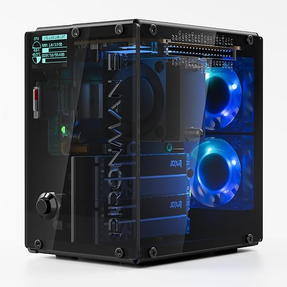 Pironman 5-MAX Raspberry Pi 5 Case Dual NVMe M.2 SSD PCIe, Mini PC NAS RAID 0/1 Hailo-8L AI Accelerator PWM Tower Cooler+Dual RGB Fans, OLED Module, Safe Shutdown, Standard HDMI (RPI5 Not Included)