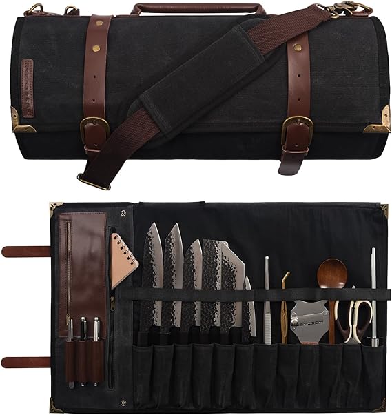 Manjushri Elegant and Light 12 Slots Professional Waxed Canvas & Genuine Leather Chef Knife Roll Bag Case with 4 Zipper Pouch Knife Organiser (Walnut Brown)