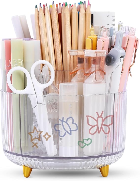 SKYDUE Rotating Pencil Pen Holder, Pen Organizer with 5 Slots - Aesthetic Desk Organizer and Accessories for School, Home, Office Supplies, Clear