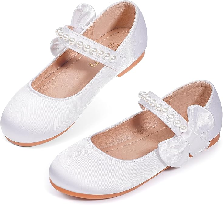 Toddler Girl Satin Dress Shoes with Pearl Bowknot