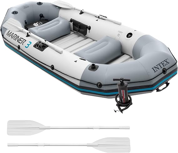 Intex Mariner 3 Inflatable Boat Set 297cm x 127cm x 46cm, 3 Person Fishing Dinghy with Aluminium Oars, High Output Pump, Rod Holders and Motor Mount Fittings