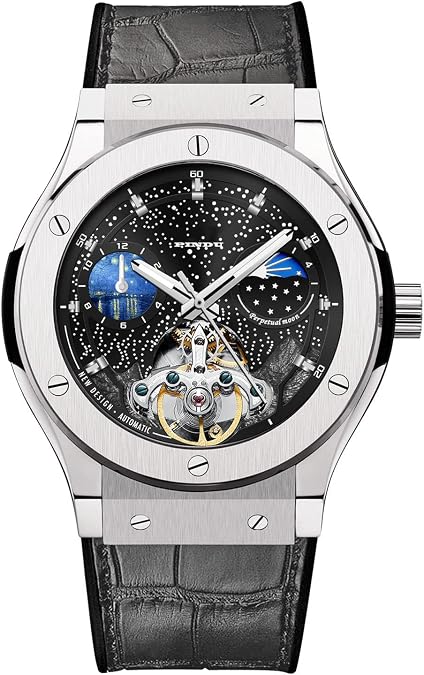 Automatic Watches for Men Skeleton Tourbillon Style, Colored Rhinestone Mechanical Watch, Luminous Hands, 5ATM Waterproof, Blue Silicone Strap Unique Gift for Men