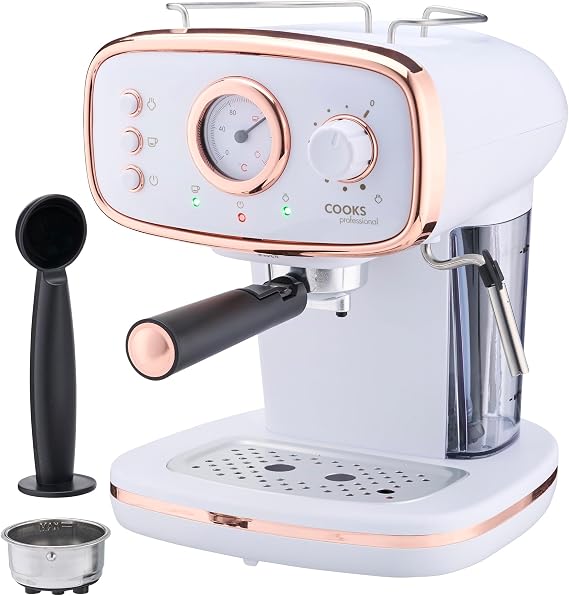 Cooks Professional 15-Bar Retro Espresso Coffee Machine with Frothing Steam Wand, Built-In Temperature Gauge, 1.2L Water Tank & Stainless Steel Drip Tray | White & Copper
