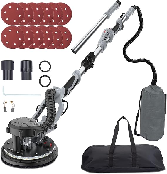 Drywall Sander, 800W Electric Drywall Sander with Automatic Dust Removal System, Variable Speed 800-1800RPM With LED Light, Extendable & Foldable Handle, 12 Pcs Sanding Discs, Carrying Bag