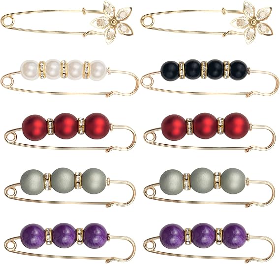 ELANE 10 Pcs Large Safety Pins for Clothes, Pearl Brooch Pins, Pant Waist Tighter, Decorative Safety Pins, BZ012
