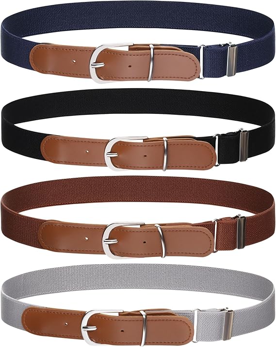 Kajeer Kids Boys Girls Elastic Belt - Stretch Adjustable Belt for Boys and Girls with Leather Loop Belt Pack of 4
