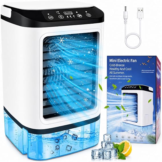 Portable Air Conditioners, Evaporative Air Cooler with 2 Mist & 3 Speed/Boost Mode, 7 Color Light, 900ml Large Tank & Icebox, Personal Air Conditioner AC Cold Fan for Bedroom Office Desk Car
