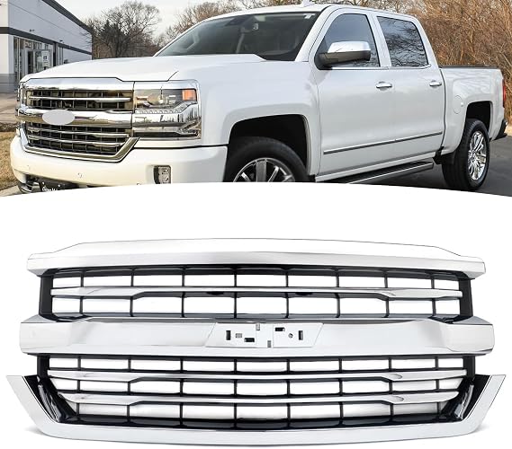Front Bumper Grille Grill For 2016 2017 2018 Chevrolet Silverado 1500 | Black Base + Chrome Frame, Direct Replacement For 84134045,84602489, Front Radiator Grille