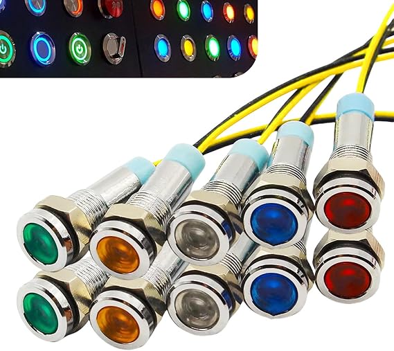 10pcs 6mm 1/4" LED Metal Indicator Light, AC/DC 9-24V Pilot Dash Directional with Wire Signal Lamp, Waterproof Pilot Dash Directional (Multicolor)