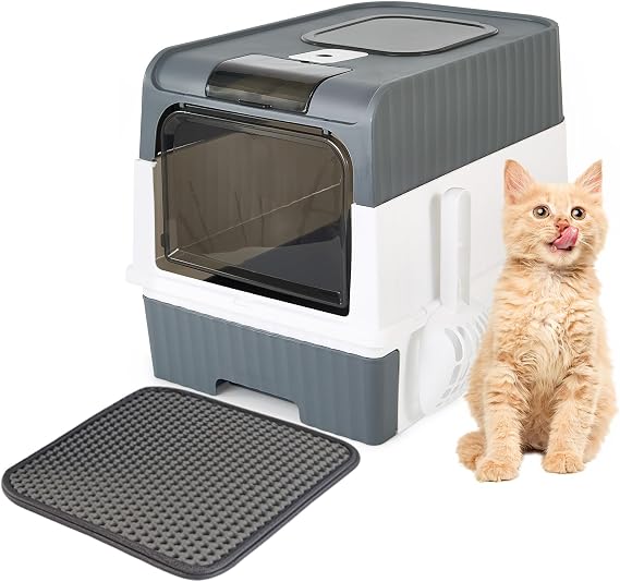 Cat Litter Box with Scoop, Large Foldable Litter Box with Lid, Front Entry Top Exit Kitty Box, Odor Control, Easy to Clean (Grey)