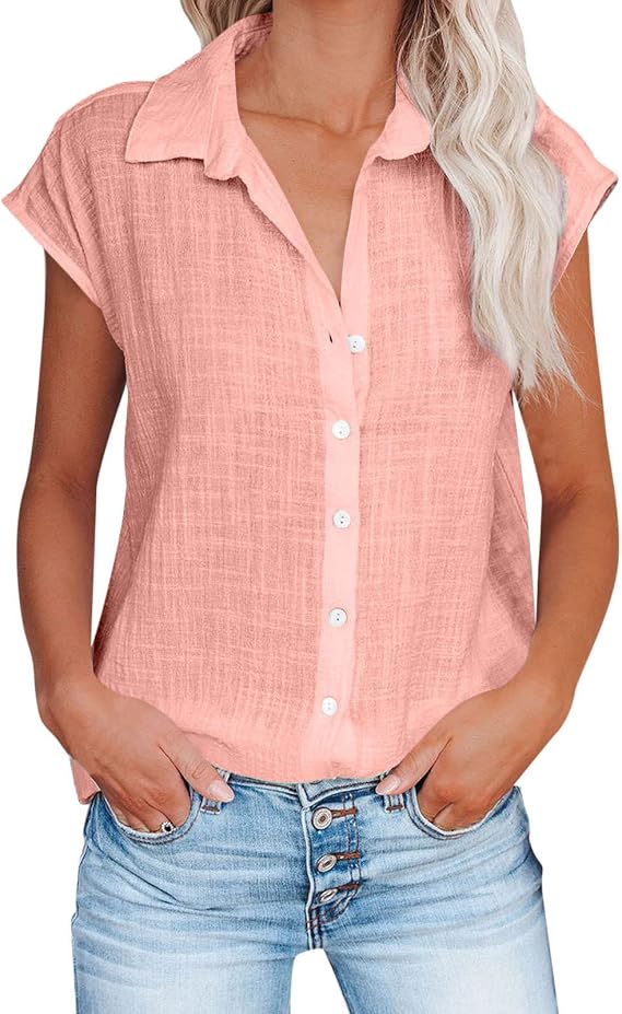 LRMQS Button Down Shirts for Women Collared Short Cap Sleeve Cotton Linen Tops Loose Fitting Summer Casual Gauze Clothing