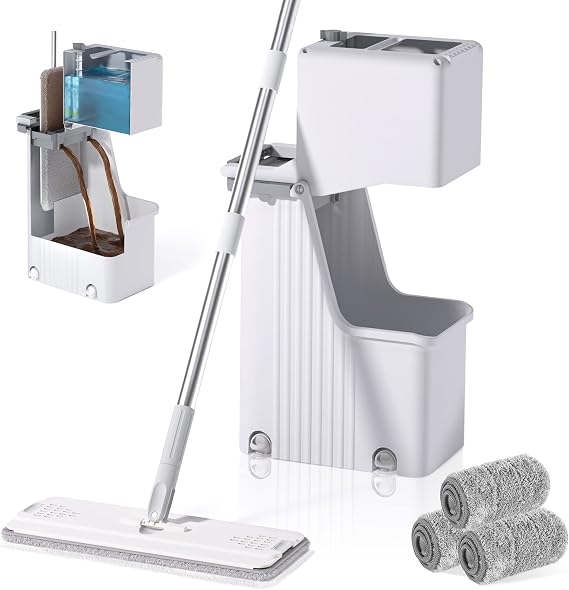 Mop and Bucket with Wringer Set, Flat Floor Mop and Bucket, Clean/Dirty Water Separation Save Water Design, 4pcs Washable Microfiber, Household Cleaning Tools, for Hardwood, Laminate, Tile