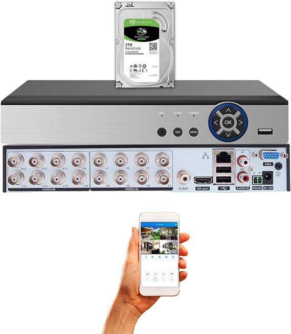 Evertech 16 Channel H.265 DVR Recorder with Pre-Installed 2TB Hard Drive, 1080P HD CCTV Security System, Supports TVI AHD CVI Analog Cameras, HDMI and VGA Output, Remote Viewing