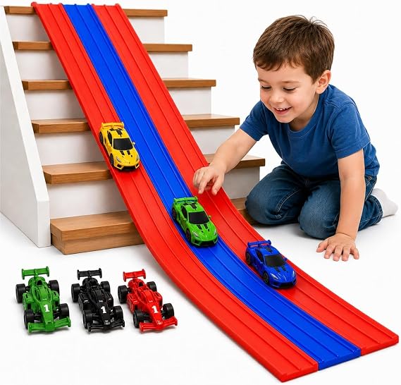 16FT 3-Lane Flexible Race Track for Kids, Roll-Up Car Track Set with 6 Race Cars, Suction Cups & Ramps, Build Loops, Slopes and Crossovers, Fits Most 1:64 Die-Cast Cars, Ages 3+