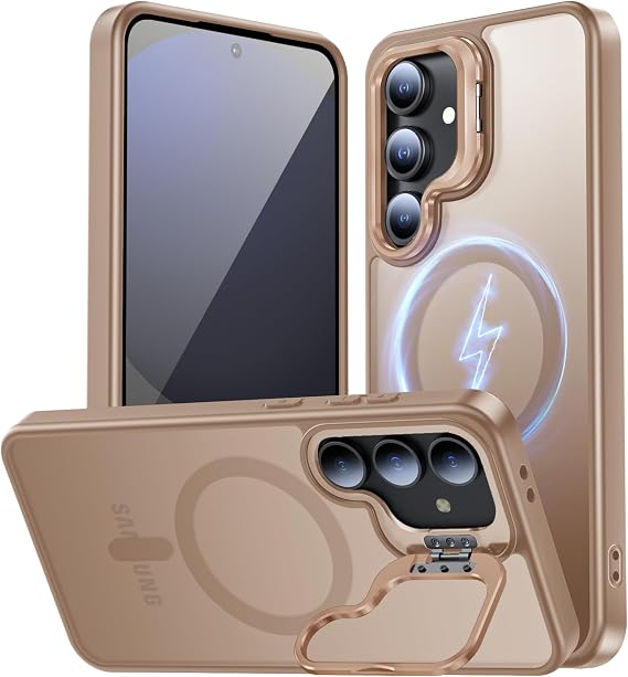 TOBOVON for Samsung Galaxy S24 FE Case, Compatible with MagSafe, Built-in Camera Ring Stand, Translucent Matte Military-Grade Drop Protection Magnetic Case, Desert Gold