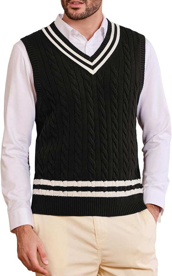 Kallspin Men's Sweater Vest Pure Cotton V Neck Knit Sleeveless Vest Preppy College Style Cable Knit Vest for Men