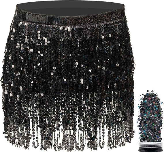 Funcredible Mini Skirt - Sequin Sparkly Skirt - Hula Skirt - Holographic Tassel Skirts