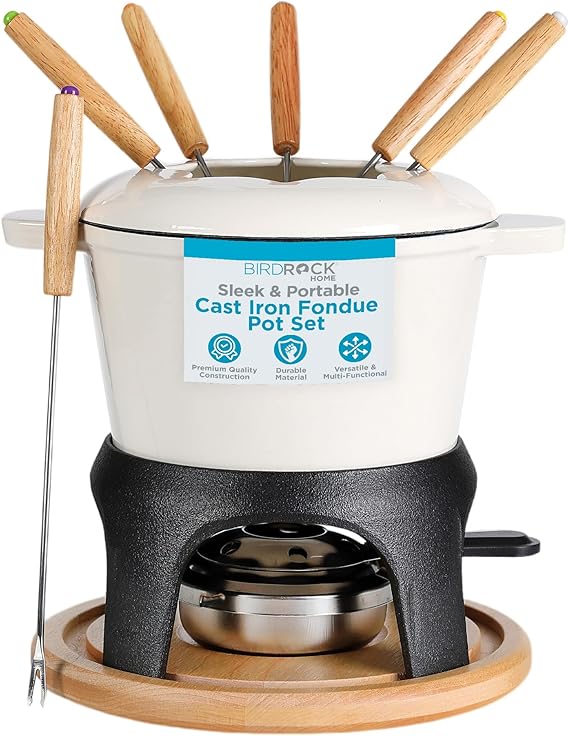 BIRDROCK HOME Cast Iron Fondue Pot Set | 8 Fondue Forks, Chrome Safety Burner | Chocolate, Cheese, Melting, Dip Warmer, Mini Fountain, Covered Strawberries | Wedding Gifts, Hosting Essentials | Cream