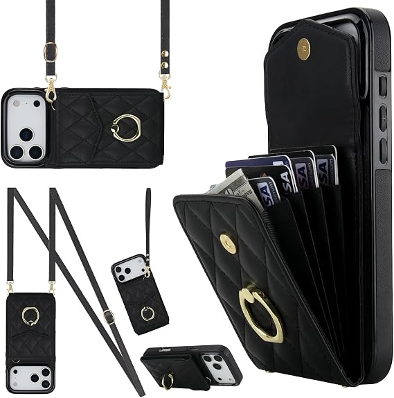 for Apple 17 Pro Max Wallet Case.Lanyard Black