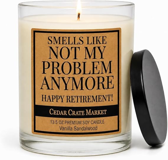Retirement Gift for Woman, Men 2026 - Funny Vanilla Sandalwood Candle, 13.5oz, 60 Hr Burn, USA Made Soy Wax - Farewell Gift for Coworker, Mom, Dad, Teacher, Nurse, Boss, Friend, Sister, Brother