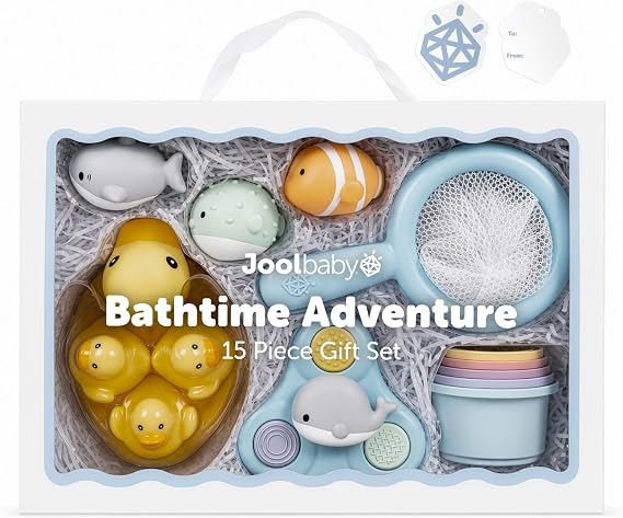 Jool Baby 15-Piece Bathtub Toys Gift Set with Bath Toy Storage Organizer