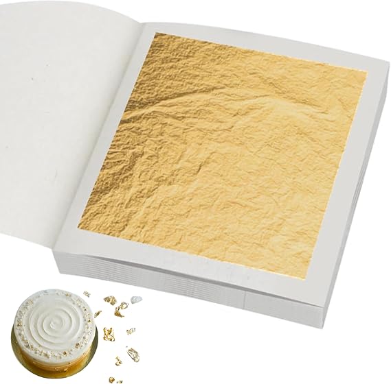 50 Edible Gold Leaf Sheets, 4.33 cm/1.7" x 4.33 cm/1.7", Gold Leaf Sheets for Cakes, Desserts, Chocolate, Art and Craft, Face Masks and Nail Art