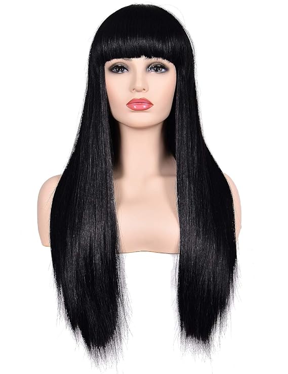 Women's 26" Long Straight Black Synthetic Resistant Hair Wigs with Bangs Natural Looking Wig for Women Halloween Cosplay