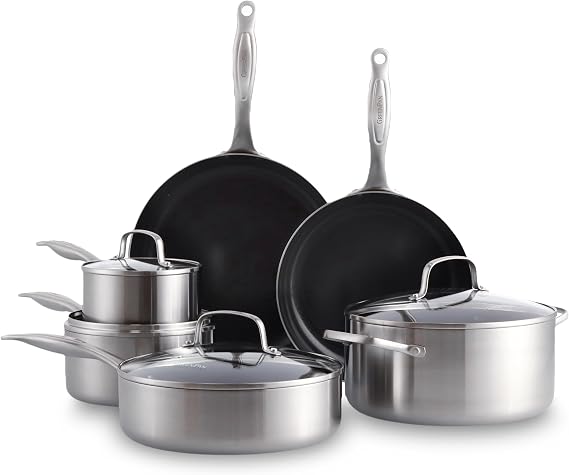 GreenPan TriClad Tri-Ply Stainless Steel Healthy Ceramic Nonstick 10 Piece Cookware Pots and Pans Set, Frypan Saucepan Saute Pan Casserole,Lids, Induction Suitable, PFAS-Free, Dishwasher and Oven Safe