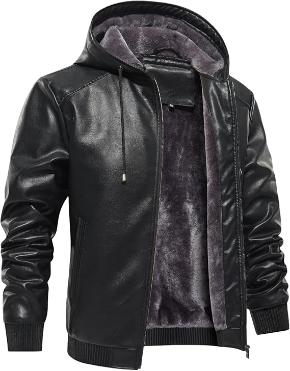 INVACHI Men's Faux Leather Jacket, Hooded Fleece Lined Motorcycle Bomber Jacket