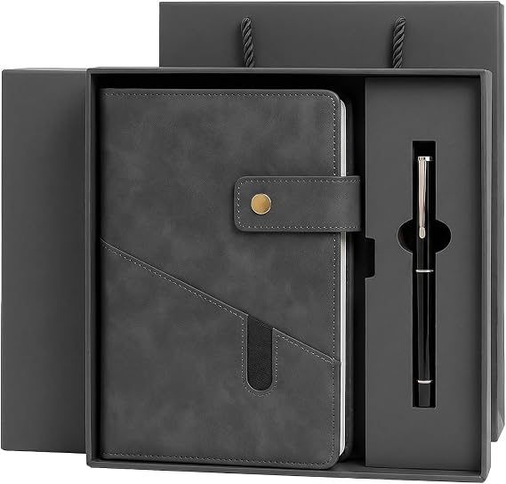 SIMDAO Notebook and Pen Gift Set, A5 Lined Leather Journal Notebook with Pen Gift Box Gift Bag, 200 Pages 100 Gsm Thick Ruled Paper, Personal Organiser Leather Journal, A5 Diary for Men Women, Grey