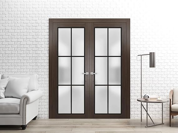 SARTODOORS Interior French Doors 84 x 84 inches | Planum 2122 Chocolate Ash | Double Swing Doors | Frosted Glass Solid Wood Hardware Included Modern | Living Room Office