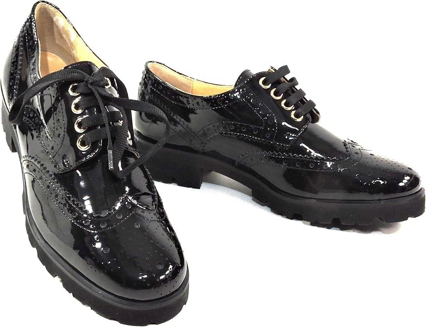 Baldinini Women's Oxford Shoes, Black Patent Leather, Wingtip Brogue, Lug Sole