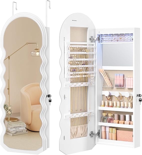 SONGMICS Wide Jewelry Organizer, Wall/Door Mounted, LED Cabinet, Lockable