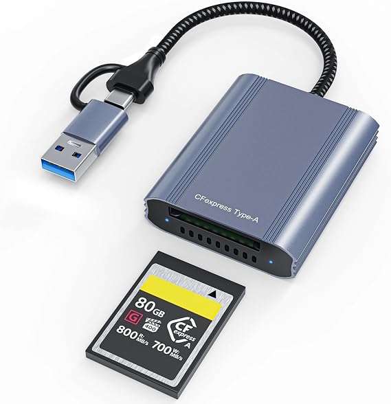CFexpress Type A Card Reader with 10Gbps USB 3.2 Gen 2, USB-C & USB-A 2-in-1 Type A CFexpress Adapter, Compatible with Windows/Mac/Linux/Android, iPhone 17/16/15, iPad, Laptop, Tablet, Smartphone