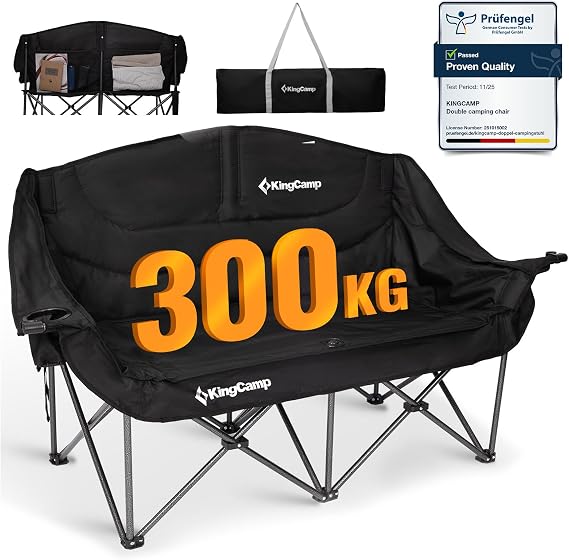 KingCamp Larger Double Camping Chair for Adults, Padded Garden Chairs 2 Seater with Armrest & Cup Holder, Folding Oversized Camping Sofa Chair Up to 660 lbs, Outdoor Chairs for Beach Picnic, Black