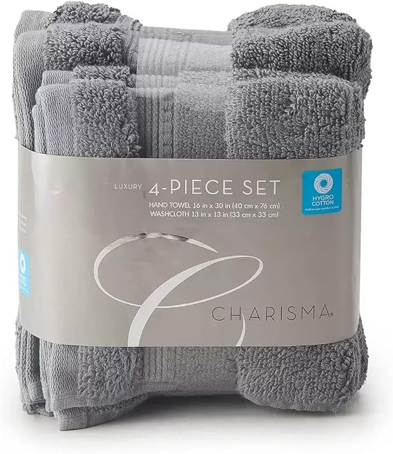 Charisma Luxury Towels, 4 Piece Set 2 Hand Towels and 2 Wash Cloths, Gunmetal Grey