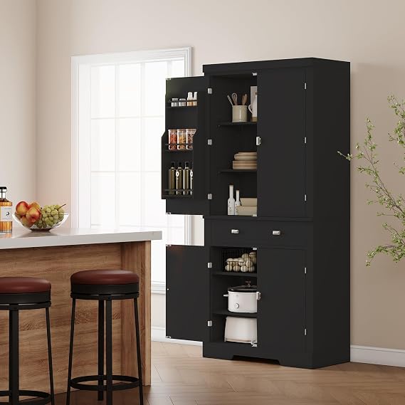 72 Kitchen Pantry Cabinet, Tall Storage Cabinet with 4 Doors and 1 Drawer, Cupboard with 6 Hanging Shelves and Adjustable Shelves for Kitchen, Dining Room, Living Room, Black