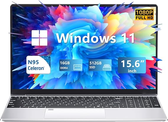 KUU Laptop, Laptop PC 16GB+512GB SSD Full HD IPS Display 15.6 Inch N95 Win 11 Laptop, Mini HDMI, USB 3.0, Full Size Backlit Keyboard Notebook with Fingerprint Unlock