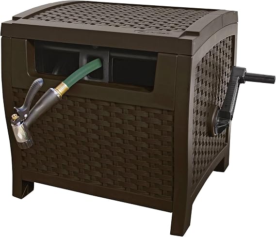 Suncast 175 ft. Wicker Style Resin Hose Hideaway with Hose Guide, Java, Made in the USA
