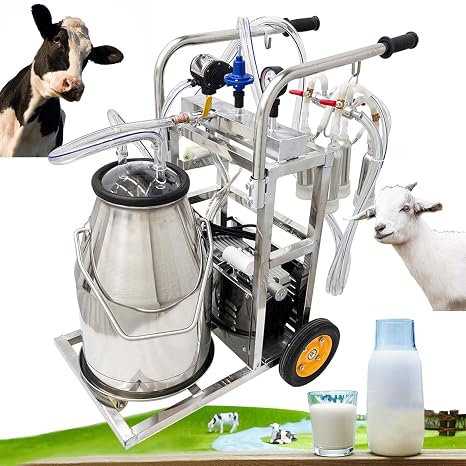 110V 25L Oil-Free Vacuum Pump Milking Machine, Electric Milking Equipment with 304 Stainless Steel Bucket, Portable Milker for Cows and Goats, 3 Cleaning Brushes Included