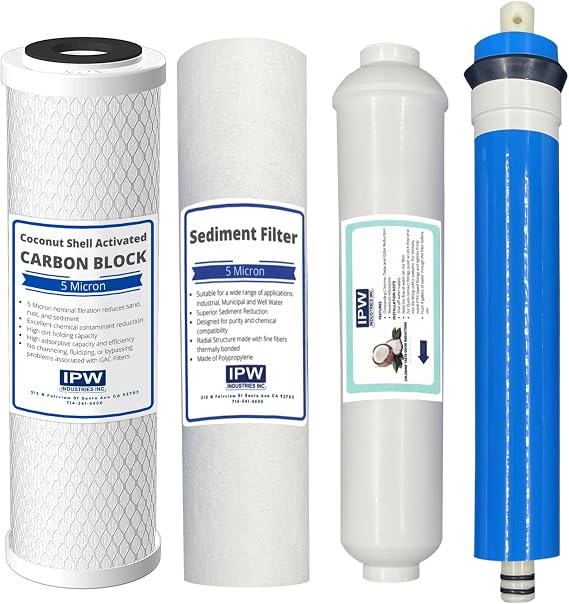 IPW Industries Inc - Reverse Osmosis Filter Set with 50 GPD Membrane - 5 Micron Sediment & Carbon Block Filter & 1/4" NPT Inline GAC (4-PACK)